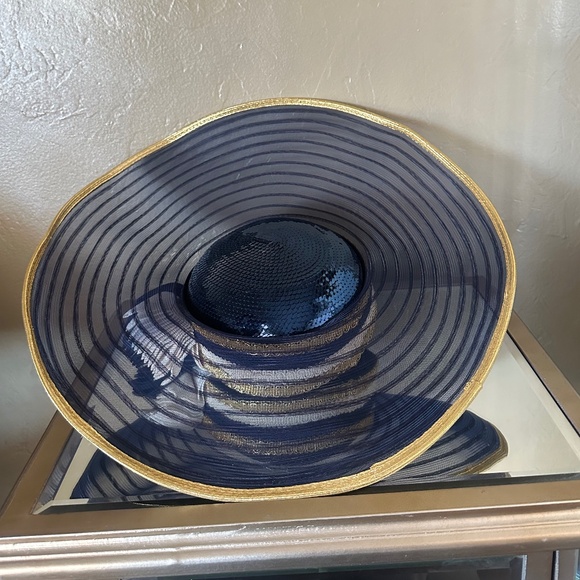 FAMOUS DESIGNER 1970s\' NAVY, WHITE & GOLD WIDE BRIM HAT + NAVY SEQUINS main image 12